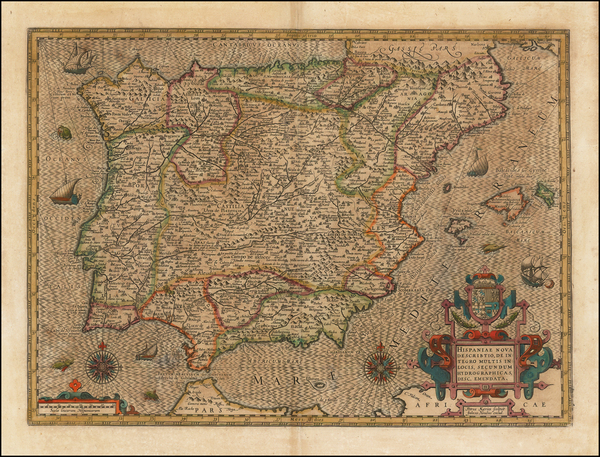 Spain and Portugal Map By Henricus Hondius / Petrus Kaerius