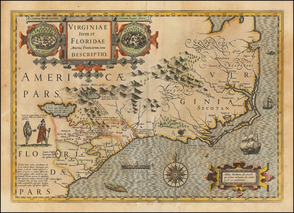 78-Southeast, Virginia, Georgia, North Carolina and South Carolina Map By Jodocus Hondius