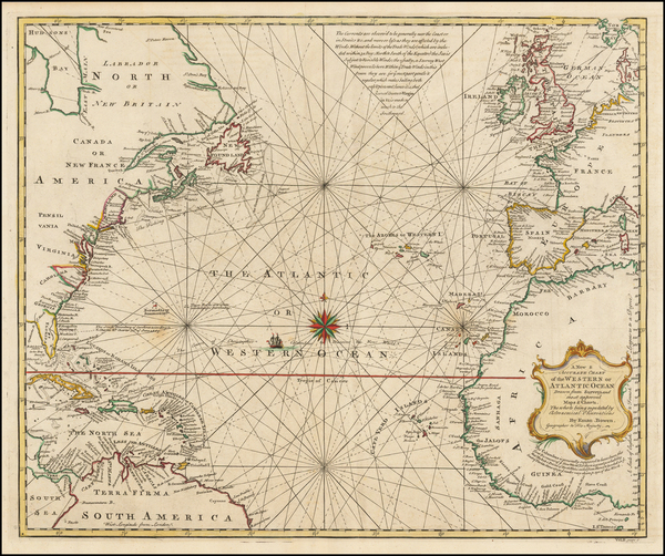 43-Atlantic Ocean, United States, Caribbean and Canada Map By Emanuel Bowen