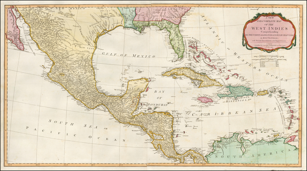 55-Florida, Texas, Mexico, Caribbean and Central America Map By Laurie & Whittle