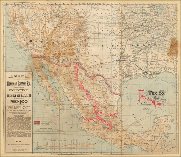 28-Texas, Southwest and Mexico Map By Mexican Central Railway