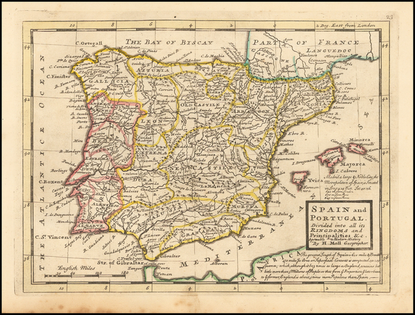 74-Spain and Portugal Map By Herman Moll