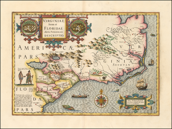 50-Mid-Atlantic, Southeast, Virginia and South Carolina Map By Jodocus Hondius