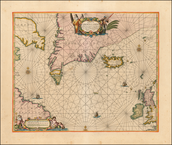 4-Polar Maps, Atlantic Ocean, British Isles, Iceland and Canada Map By Pieter Goos