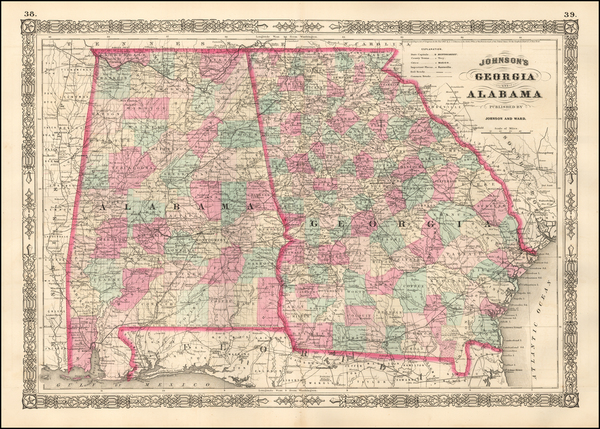 97-South, Alabama, Southeast and Georgia Map By Benjamin P Ward  &  Alvin Jewett Johnson