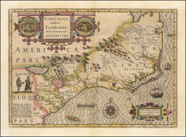 24-Southeast, Virginia, Georgia, North Carolina and South Carolina Map By Jodocus Hondius