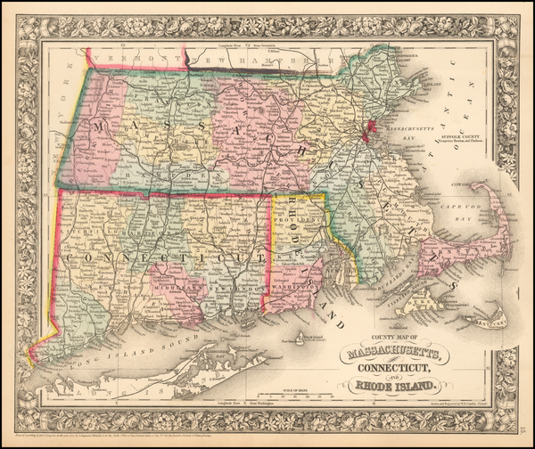 91-New England and Massachusetts Map By Samuel Augustus Mitchell Jr.