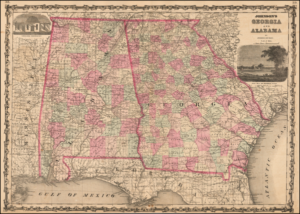 9-South, Alabama, Southeast and Georgia Map By Benjamin P Ward  &  Alvin Jewett Johnson