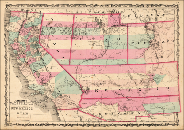 32-Southwest, Rocky Mountains and California Map By Benjamin P Ward  &  Alvin Jewett Johnson