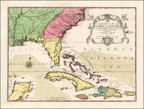 7-Florida, South, Southeast and Caribbean Map By Mark Catesby - Johan Michael Seligmann