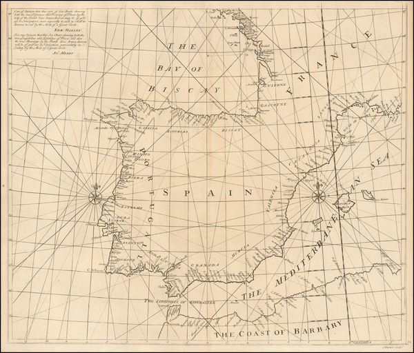 30-Spain and Portugal Map By John Senex / Edmond Halley / Nathaniel Cutler