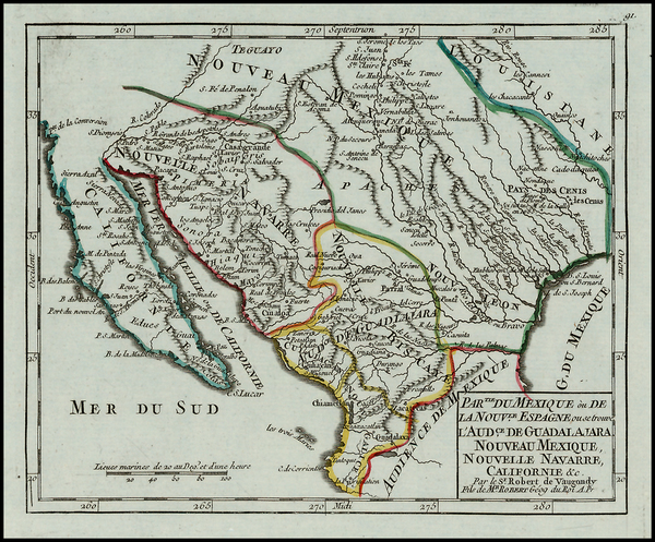 47-Texas, Southwest, Mexico and Baja California Map By Gilles Robert de Vaugondy