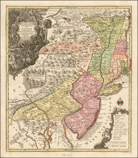 94-New York State, Mid-Atlantic, New Jersey and Pennsylvania Map By Matthaus Seutter