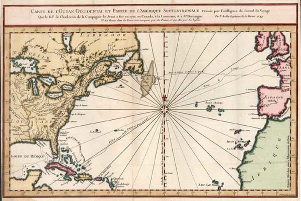 33-World, Atlantic Ocean and North America Map By Jacques Nicolas Bellin