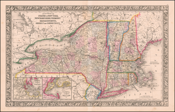38-New England and New York Map By Samuel Augustus Mitchell Jr.
