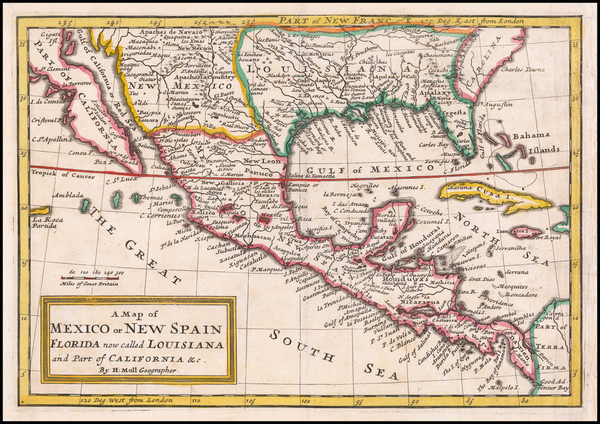 47-Florida, South, Southeast, Texas, Southwest and California Map By Herman Moll