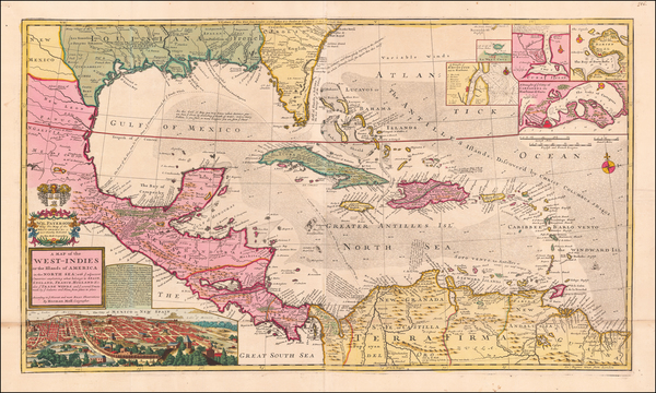 45-Florida, South, Southeast, Texas, Caribbean and Central America Map By Hermann Moll