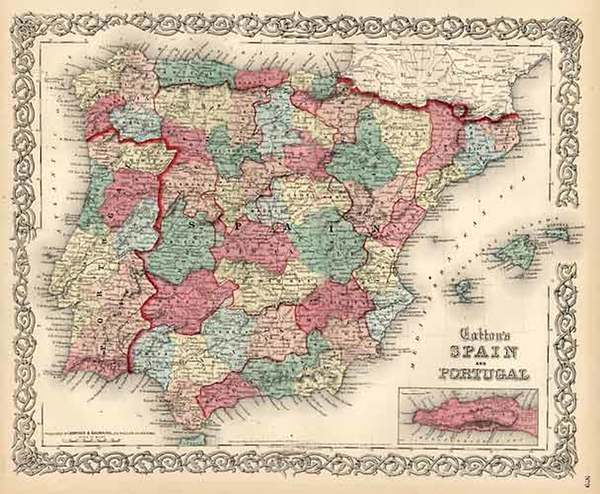 88-Europe, Spain and Portugal Map By Joseph Hutchins Colton