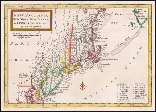 71-New England, New York State and Mid-Atlantic Map By Herman Moll