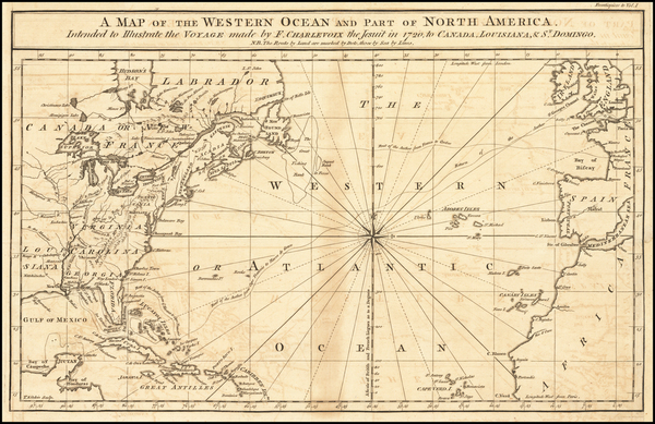 52-Atlantic Ocean and United States Map By Pierre Francois Xavier de Charlevoix