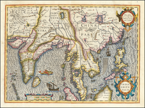 7-India, Southeast Asia, Philippines, Indonesia and Malaysia Map By Jodocus Hondius