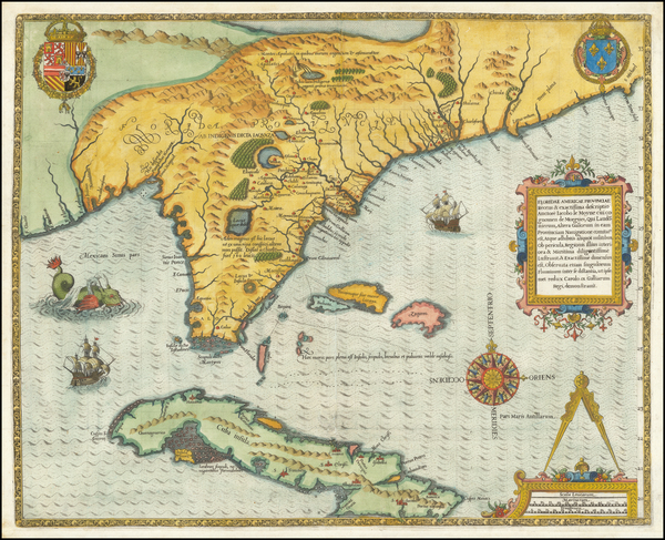 60-Florida, South, Southeast and Caribbean Map By Jacques Le Moyne