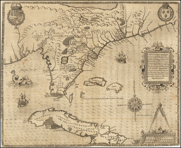 85-Florida, South, Southeast and Caribbean Map By Jacques Le Moyne