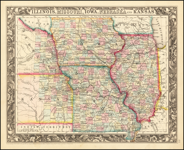 93-Illinois, Iowa, Kansas and Missouri Map By Samuel Augustus Mitchell Jr.