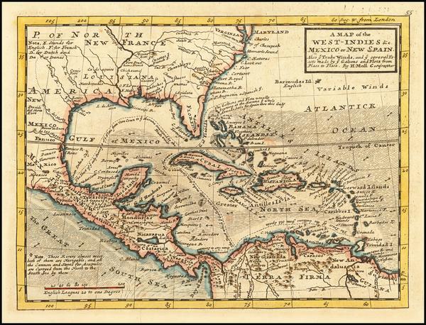 28-South, Southeast and Caribbean Map By Herman Moll