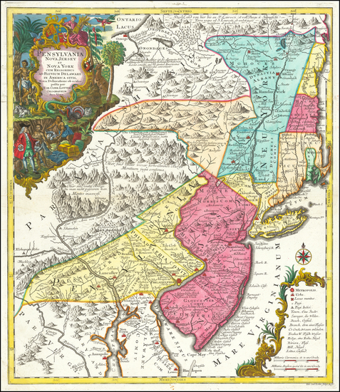 82-New York State, Mid-Atlantic, New Jersey and Pennsylvania Map By Matthaus Seutter