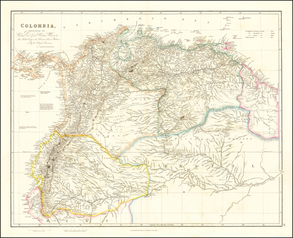 68-Colombia, Guianas & Suriname, Peru & Ecuador and Venezuela Map By John Arrowsmith