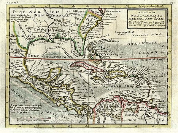 15-South, Southeast and Caribbean Map By Herman Moll