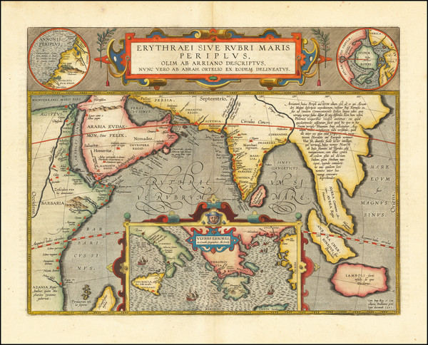 46-Polar Maps, Indian Ocean, India, Southeast Asia, Middle East and Greece Map By Abraham Ortelius