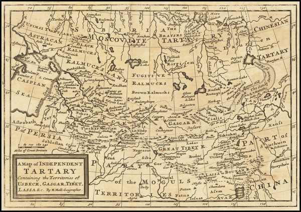 68-China, India and Central Asia & Caucasus Map By Herman Moll