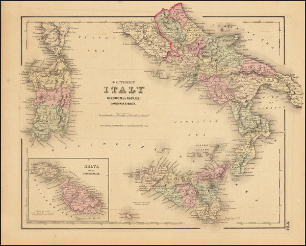 66-Southern Italy, Malta and Sardinia Map By Joseph Hutchins Colton