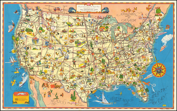 85-United States and Pictorial Maps Map By Greyhound Company