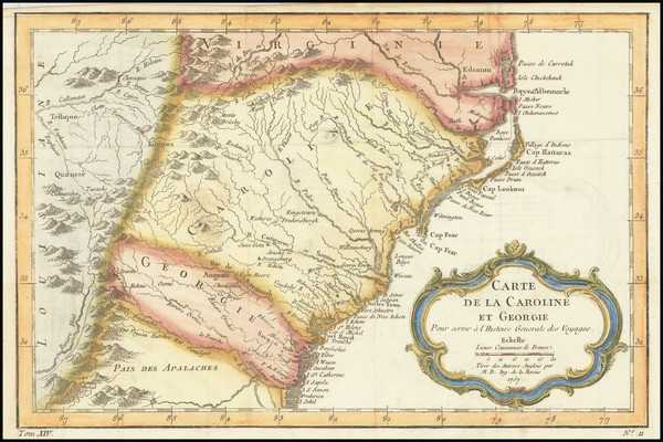 66-Southeast, Georgia, North Carolina and South Carolina Map By Jacques Nicolas Bellin