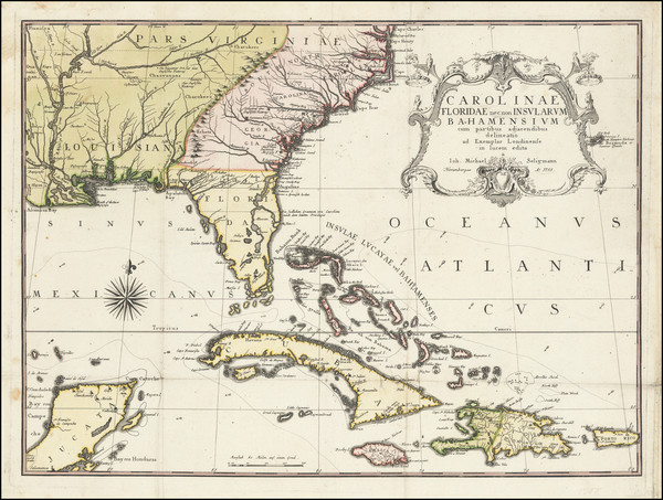 50-Florida, South, Southeast and Caribbean Map By Mark Catesby - Johan Michael Seligmann