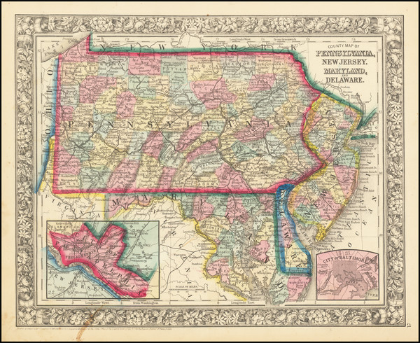 39-New Jersey, Pennsylvania, Maryland and Delaware Map By Samuel Augustus Mitchell Jr.