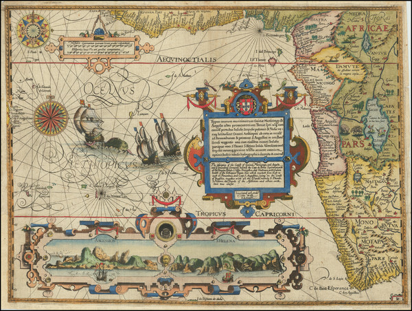 39-Atlantic Ocean, South Africa and West Africa Map By John Wolfe / Jan Huygen van  Linschoten