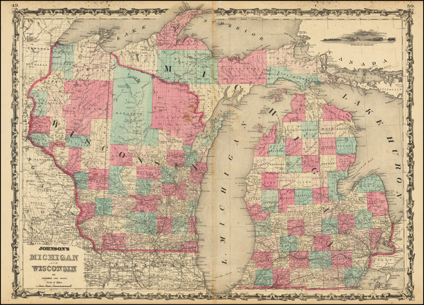 92-Michigan and Wisconsin Map By Alvin Jewett Johnson  &  Benjamin P Ward