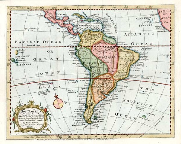 40-World, Polar Maps, Atlantic Ocean and South America Map By Emanuel Bowen