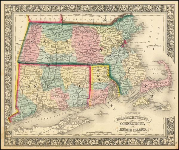 75-Connecticut, Massachusetts and Rhode Island Map By Samuel Augustus Mitchell Jr.