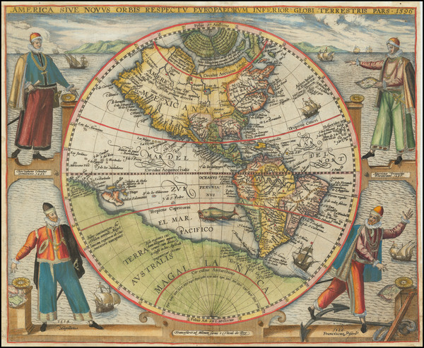 39-Western Hemisphere and America Map By Theodor De Bry