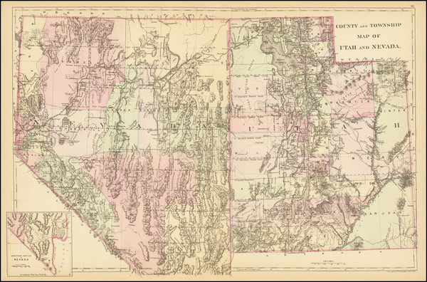 49-Utah, Nevada and Utah Map By Samuel Augustus Mitchell Jr. / William Bradley