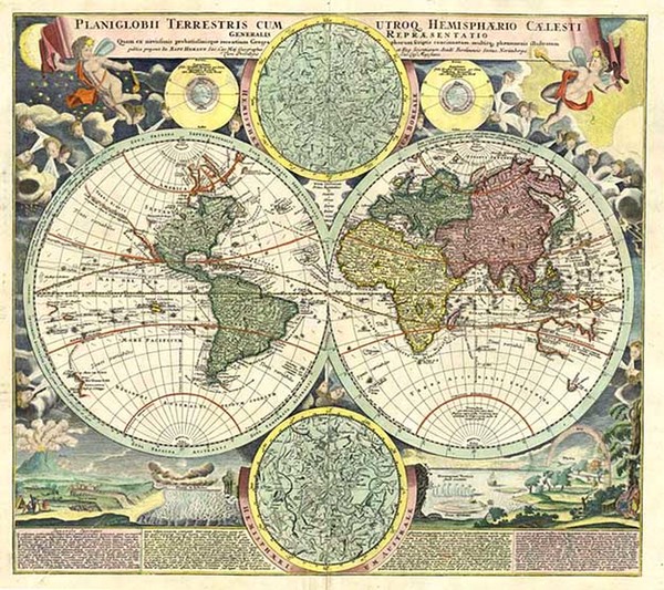 77-World, World, Celestial Maps and Curiosities Map By Johann Baptist Homann