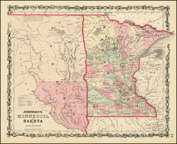 14-Minnesota, North Dakota and South Dakota Map By Alvin Jewett Johnson  &  Ross C. Browning