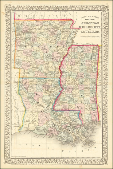 37-Louisiana, Mississippi and Arkansas Map By Samuel Augustus Mitchell Jr.