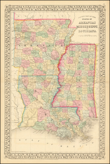 76-Louisiana, Mississippi and Arkansas Map By Samuel Augustus Mitchell Jr.