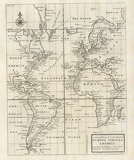 4-World, Atlantic Ocean, South America and America Map By Herman Moll